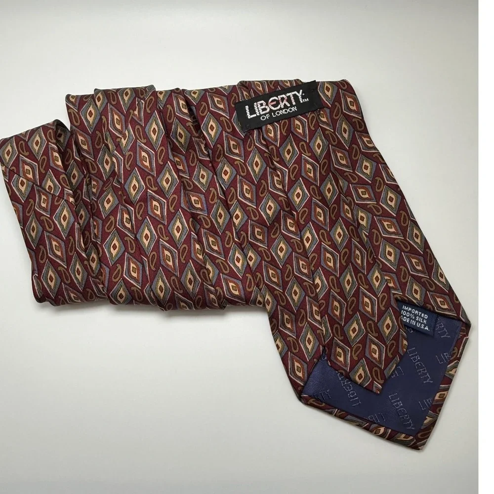 Liberty of London Silk Tie OS Burgundy Geometric Diamond Paisley Dark Academia